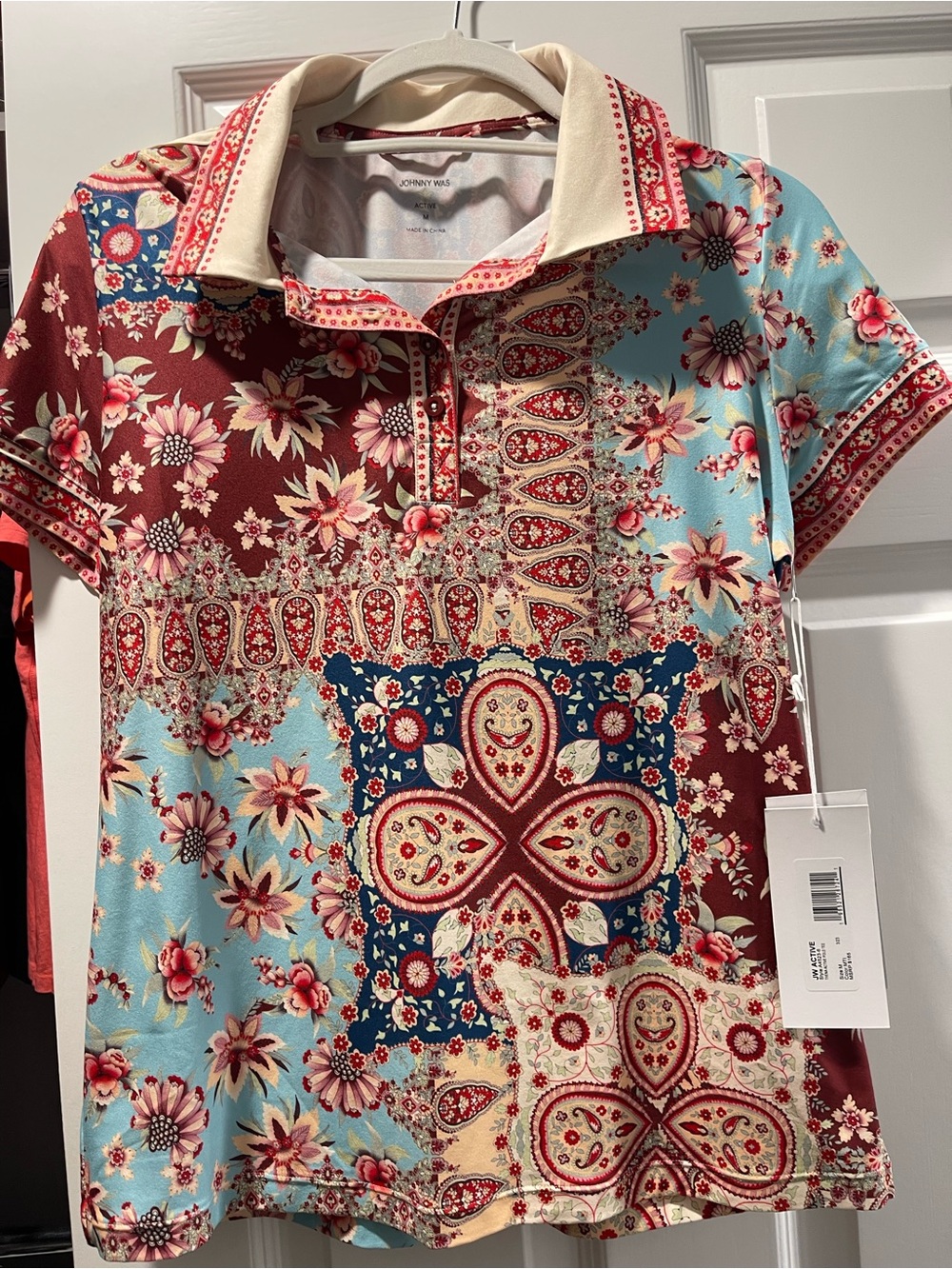 Johnny Was Patchwork Floral Polo Shirt - Blue & Burgundy